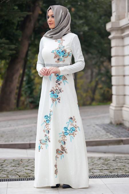 Evening Dresses - White Pink Hijab Dress 4208B - 3