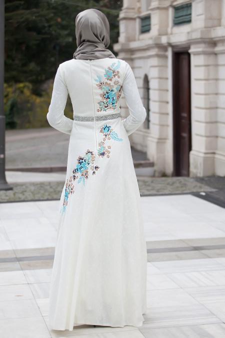 Evening Dresses - White Pink Hijab Dress 4208B - 4