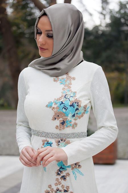 Evening Dresses - White Pink Hijab Dress 4208B - 2