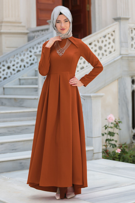 Evening Dresses - Yellowish Brown Hijab Dress 41470TB