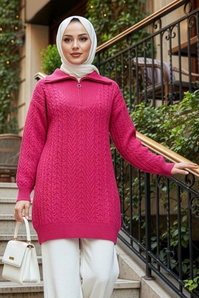 Fermuar Detaylı Fuşya Tesettür Triko Kazak 8336F - 1