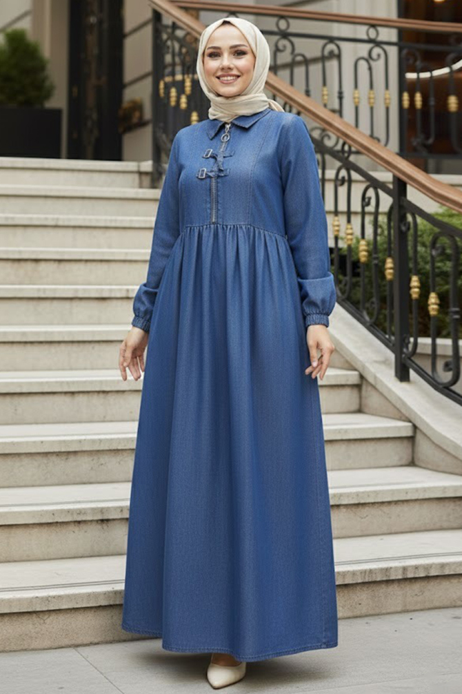Fermuar Detaylı Koyu Mavi Tesettür Kot Elbise 19157KM - 1