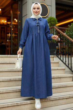 Fermuar Detaylı Lacivert Tesettür Kot Elbise 19157L - N.S NEVA STYLE