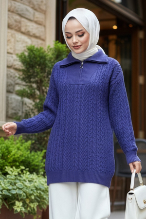 Fermuar Detaylı Lavanta Tesettür Triko Kazak 8336LV - N.S NEVA STYLE