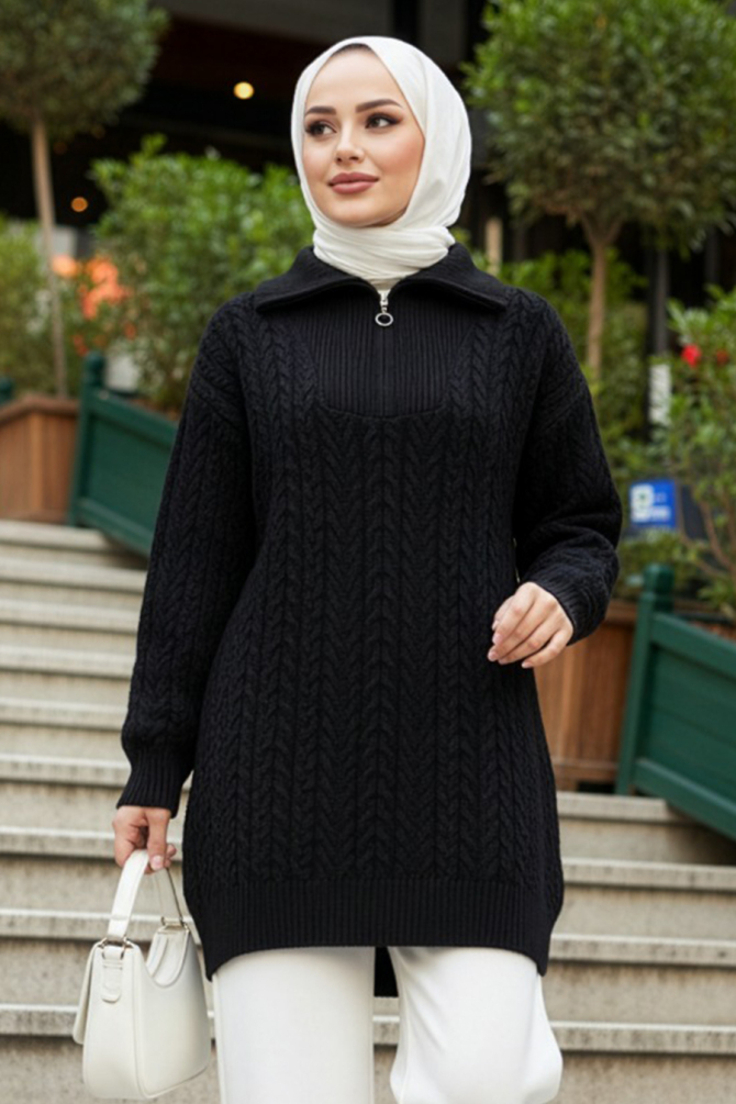 Fermuar Detaylı Siyah Tesettür Triko Kazak 8336S - 1