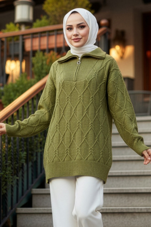 Fermuar Detaylı Yağ Yeşili Tesettür Triko Kazak 8596YY - N.S NEVA STYLE