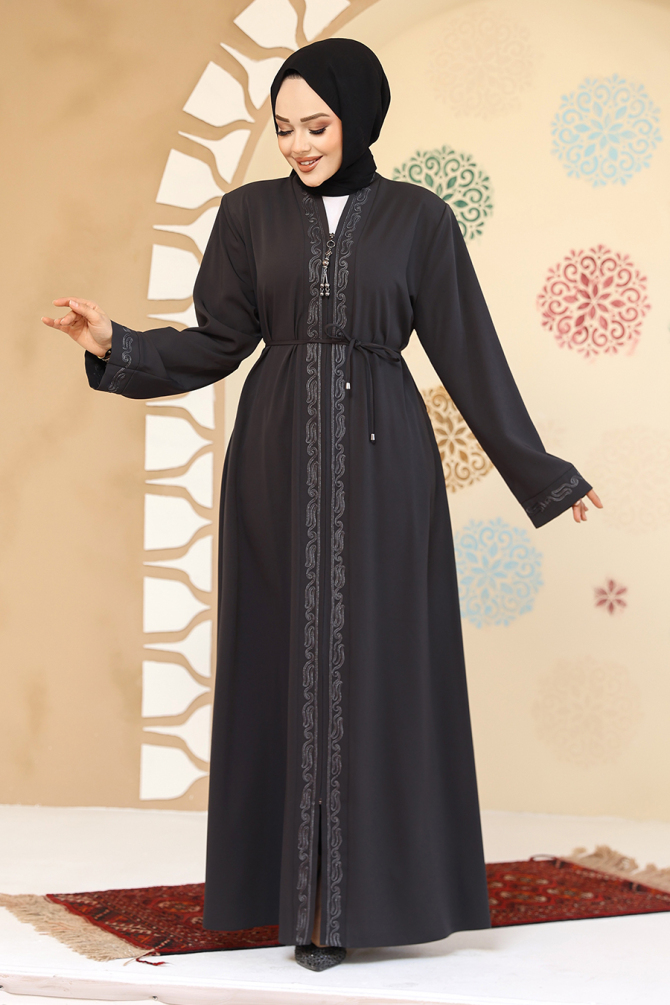 Fermuarlı Antrasit Tesettür Abaya 45297ANT - 1
