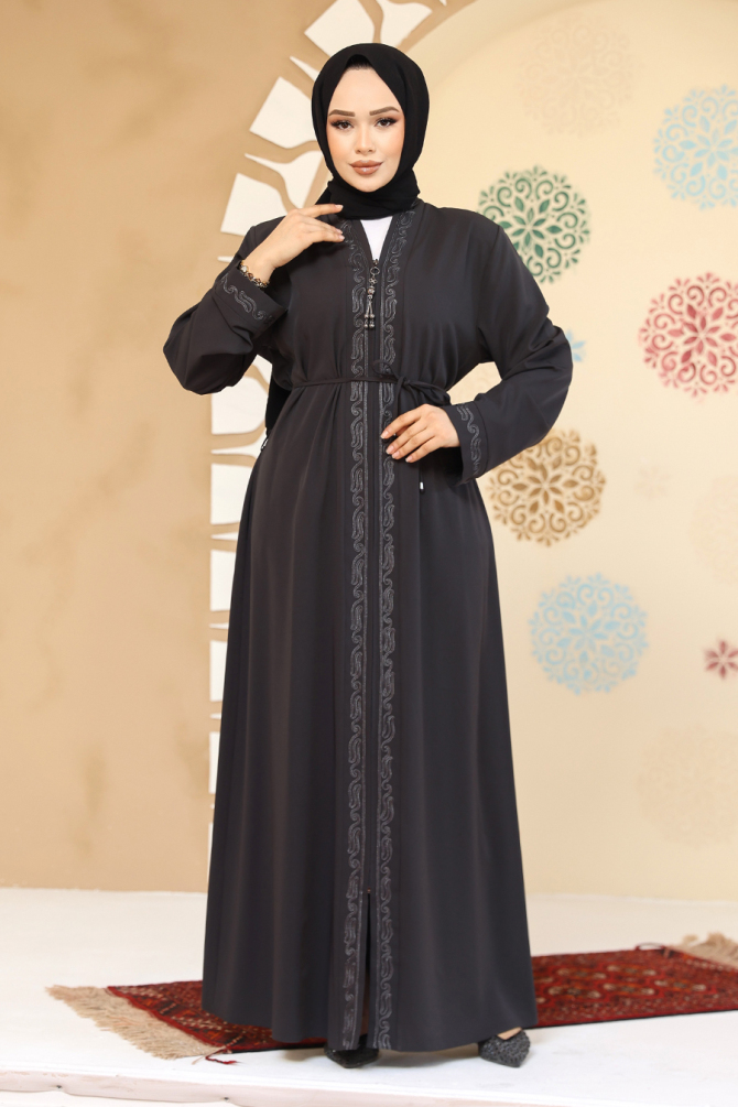 Fermuarlı Antrasit Tesettür Abaya 45297ANT - 2