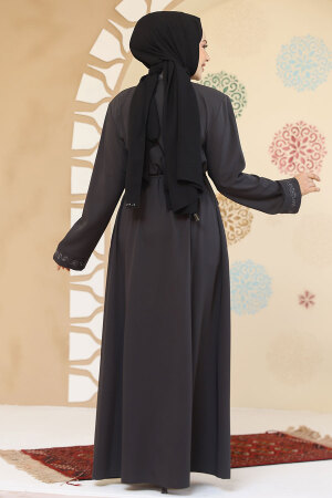 Fermuarlı Antrasit Tesettür Abaya 45297ANT - 3