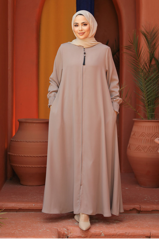 Fermuarlı Bej Tesettür Abaya 26302BEJ - 2