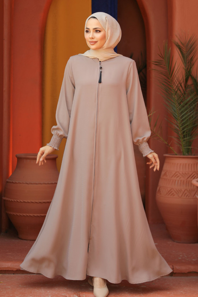 Fermuarlı Bej Tesettür Abaya 26302BEJ - 1