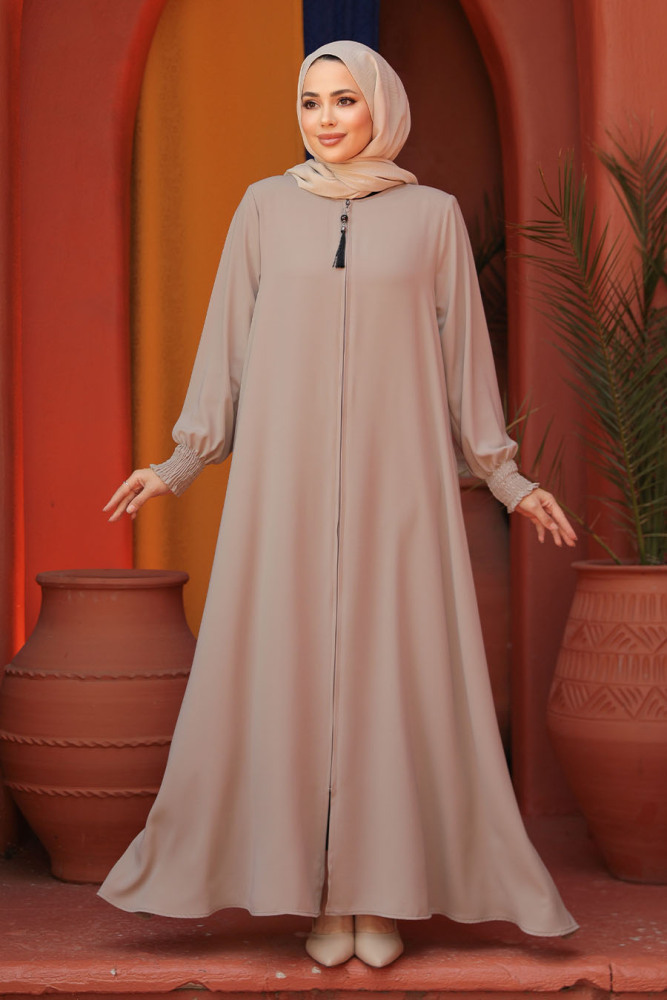 Fermuarlı Bej Tesettür Abaya 26302BEJ - 3