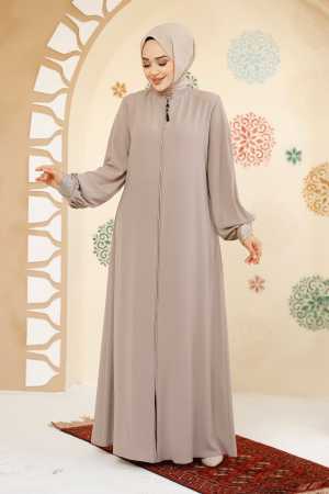 Fermuarlı Bej Tesettür Abaya 35168BEJ - 1