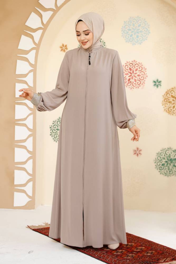 Fermuarlı Bej Tesettür Abaya 35168BEJ - 1
