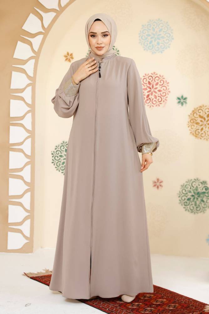 Fermuarlı Bej Tesettür Abaya 35168BEJ - 2