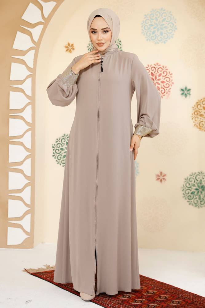 Fermuarlı Bej Tesettür Abaya 35168BEJ - 3