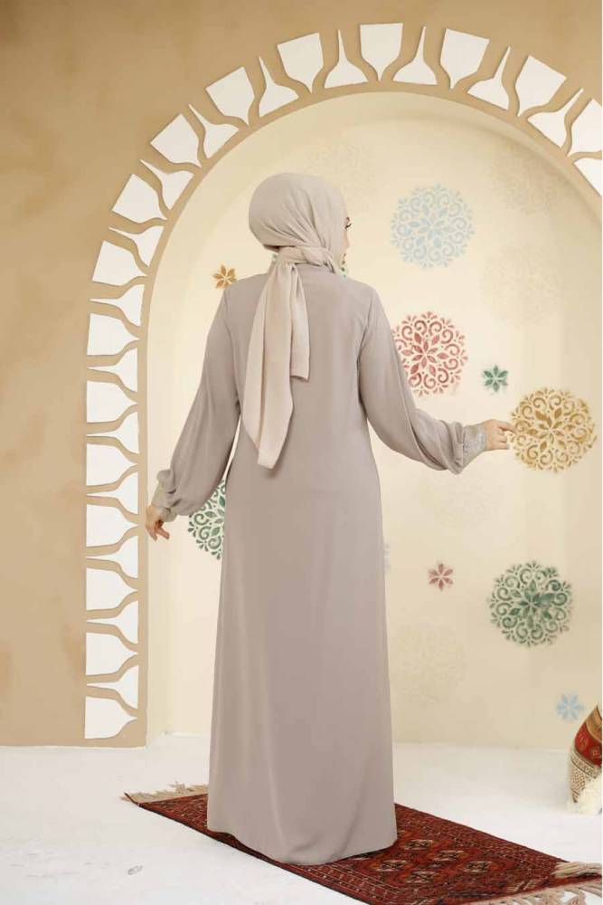 Fermuarlı Bej Tesettür Abaya 35168BEJ - 4