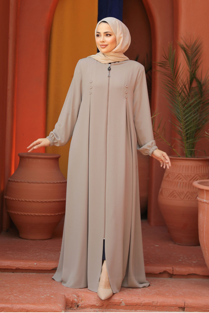 Fermuarlı Bej Tesettür Abaya 45282BEJ - 2