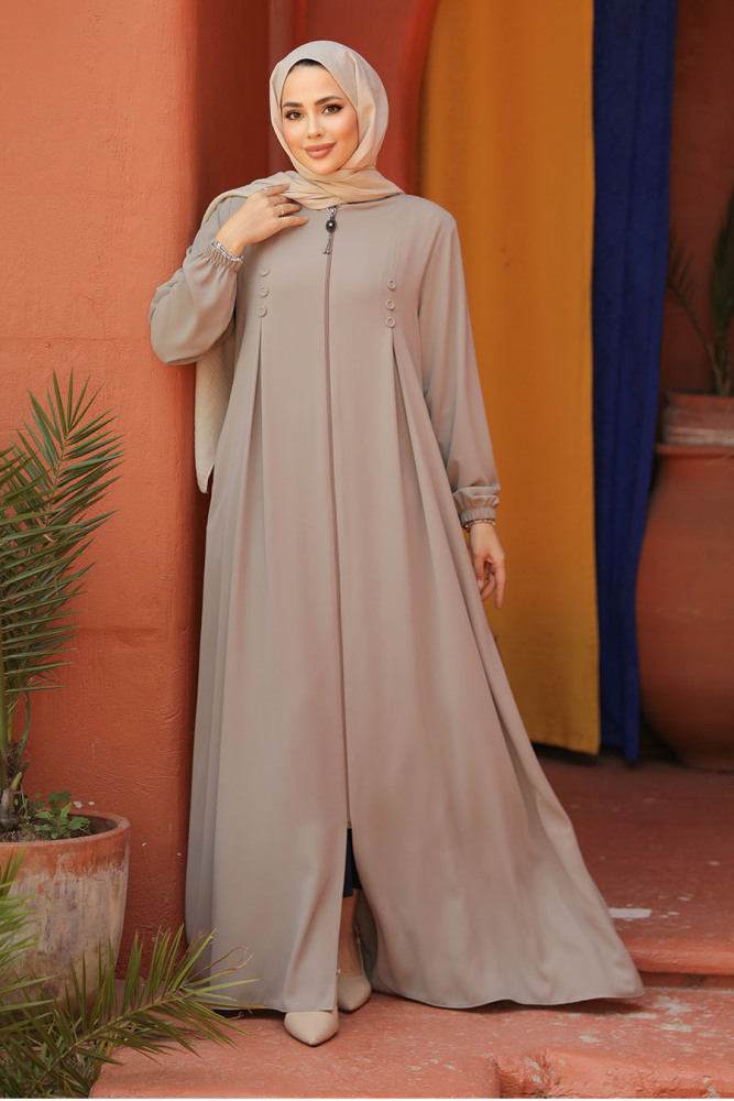 Fermuarlı Bej Tesettür Abaya 45282BEJ - 1