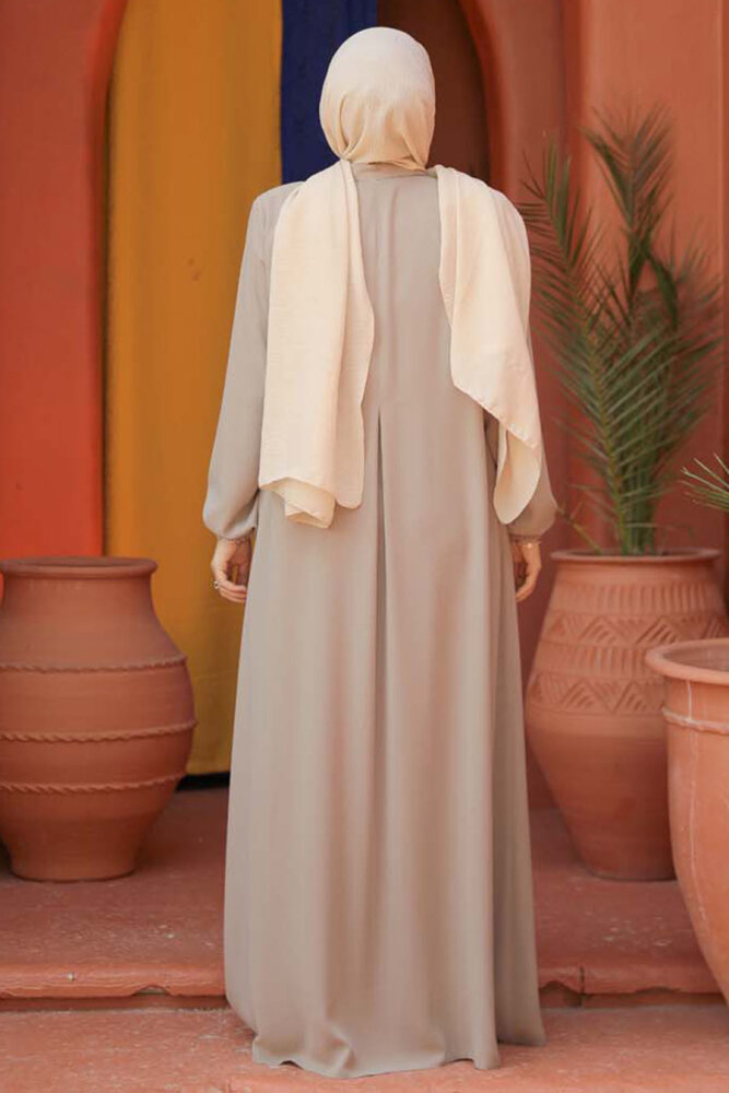 Fermuarlı Bej Tesettür Abaya 45282BEJ - 3
