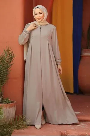 Fermuarlı Bej Tesettür Abaya 45282BEJ 