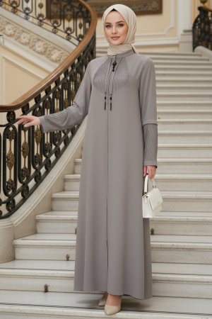 Fermuarlı Bej Tesettür Abaya 45298BEJ - 1