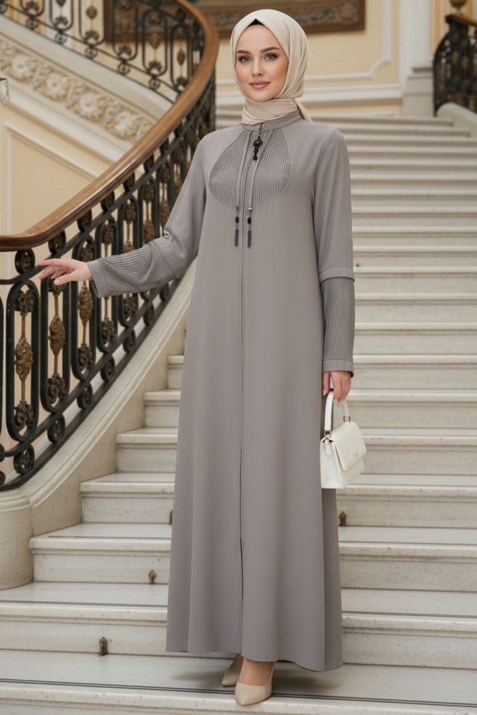 Fermuarlı Bej Tesettür Abaya 45298BEJ - 1
