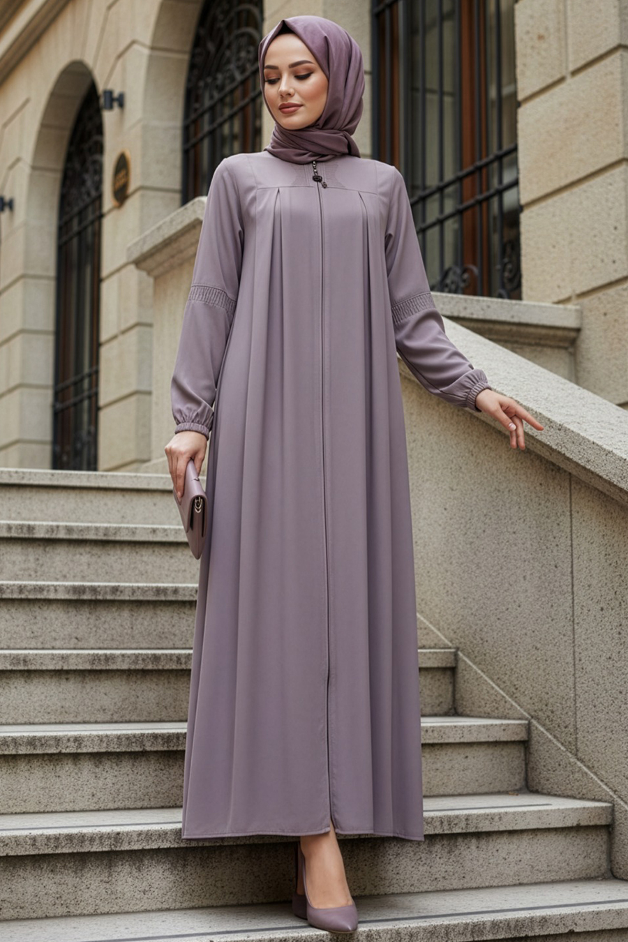 Fermuarlı Bej Tesettür Abaya 45299BEJ