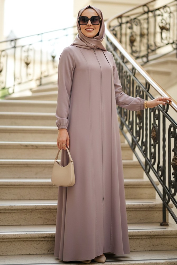 Fermuarlı Bej Tesettür Abaya 45307BEJ - 1