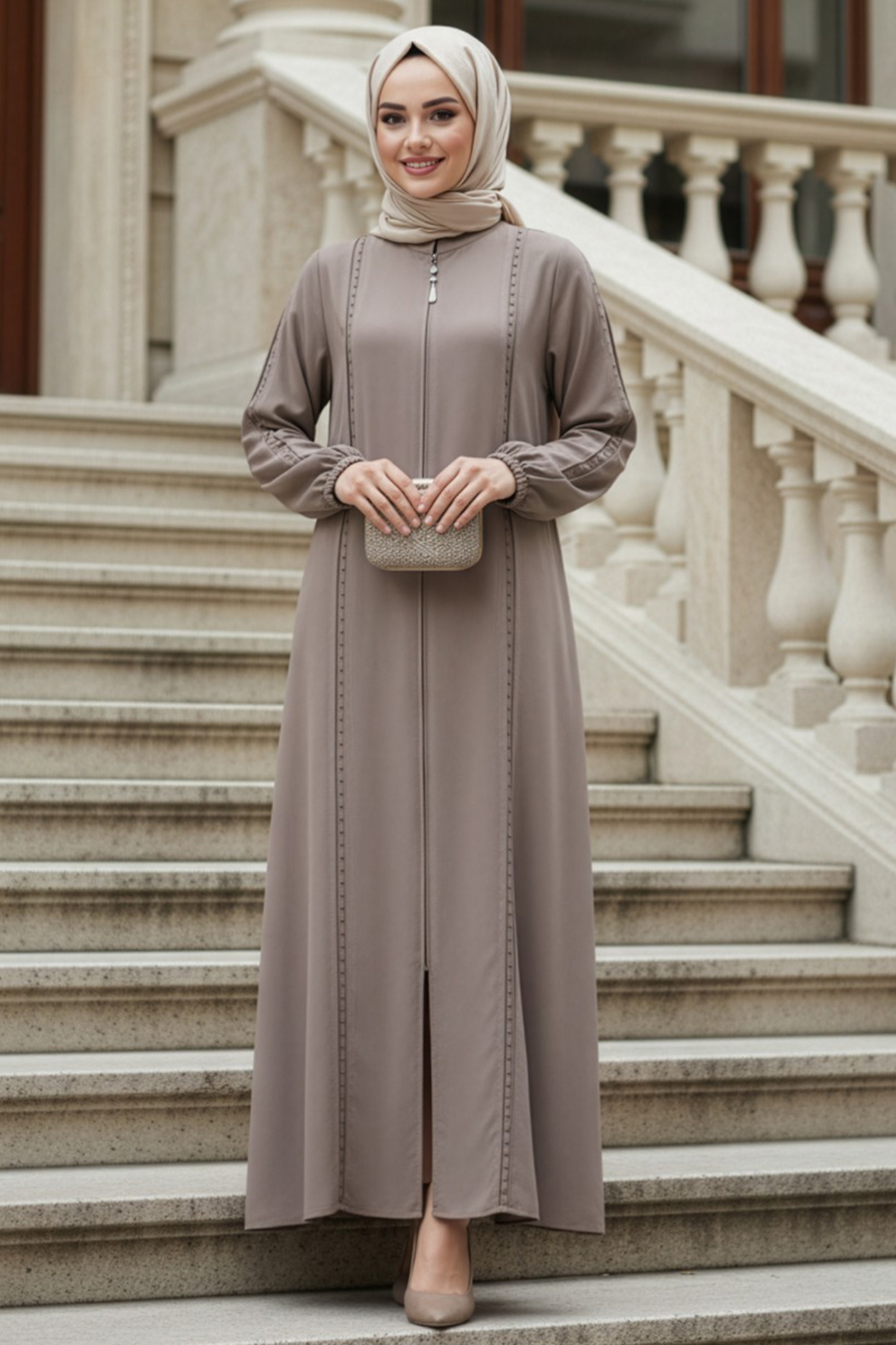 Fermuarlı Bej Tesettür Abaya 45317BEJ