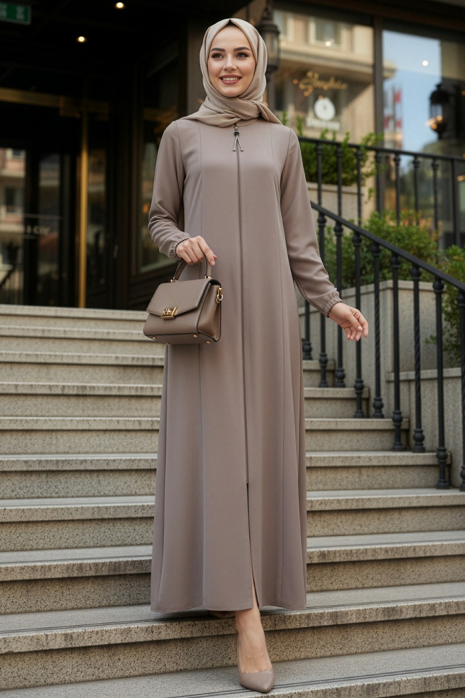 Fermuarlı Bej Tesettür Abaya 45319BEJ - 1