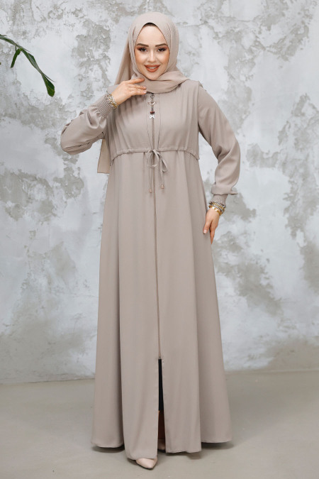 Fermuarlı Bej Tesettür Abaya 81291BEJ - 3