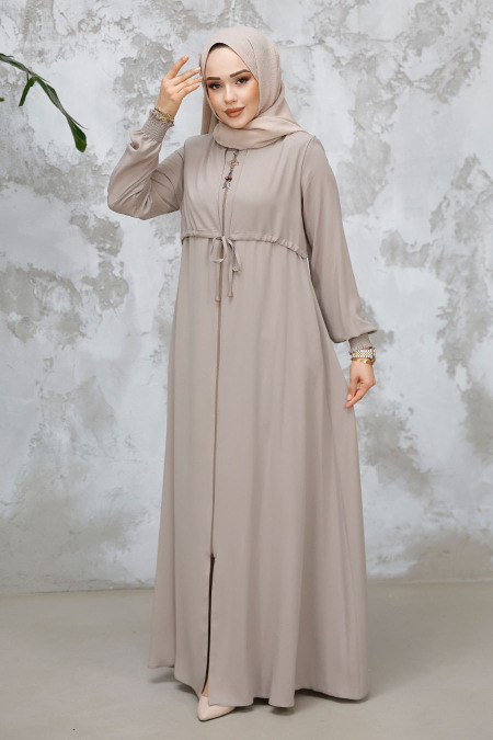 Fermuarlı Bej Tesettür Abaya 81291BEJ - 1