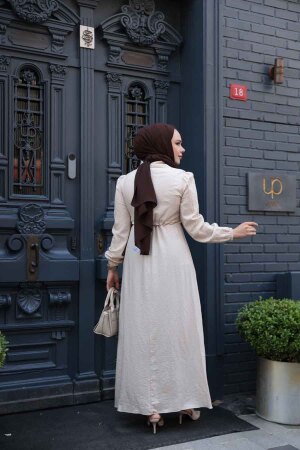 Fermuarlı Bej Tesettür Elbise 17021BEJ - 4
