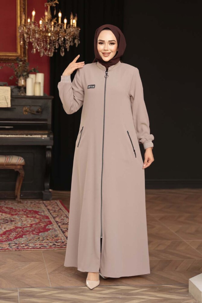 Fermuarlı Bej Tesettür Ferace 26371BEJ - 3