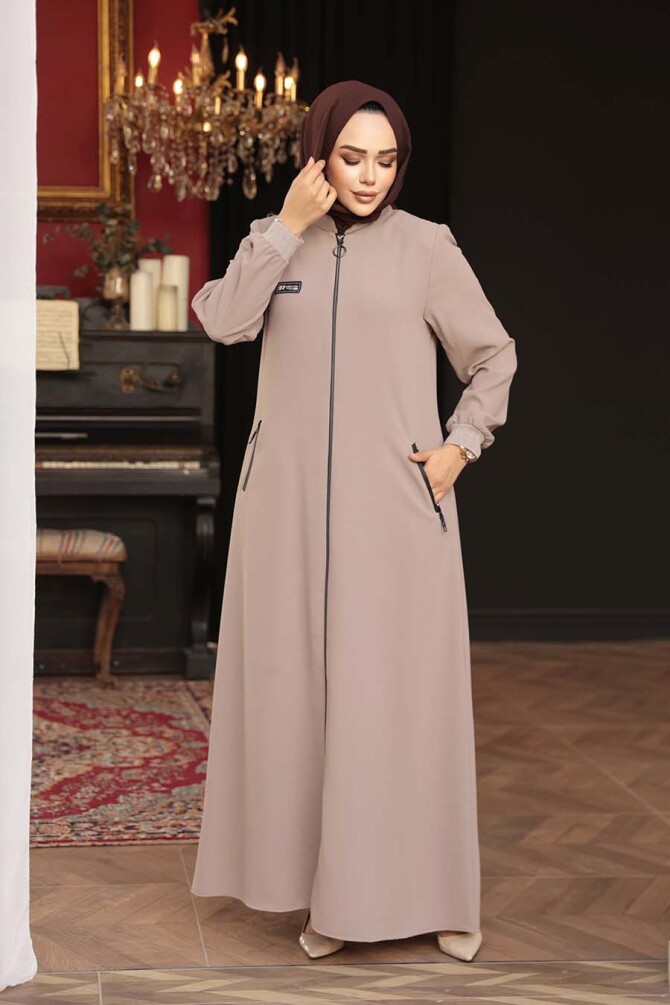 Fermuarlı Bej Tesettür Ferace 26371BEJ - 1