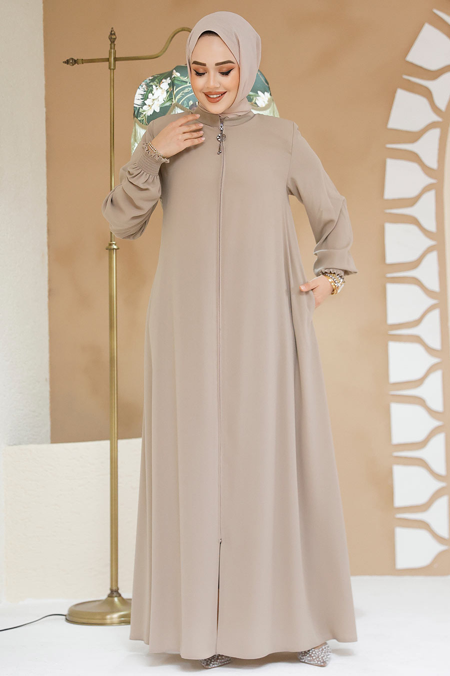 Fermuarlı Bej Tesettür Ferace 45287BEJ 