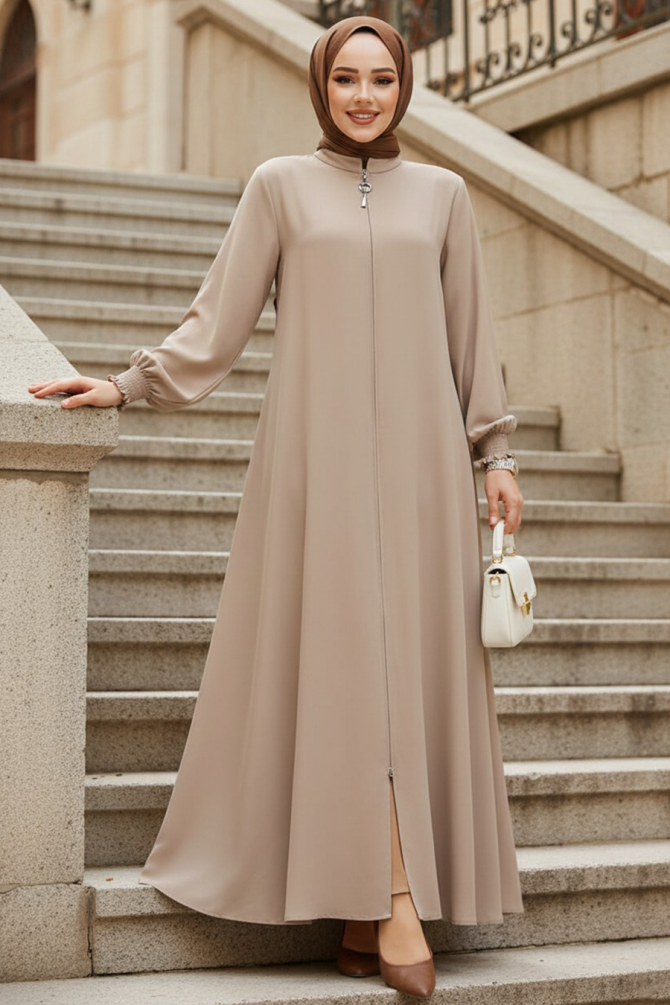 Fermuarlı Bej Tesettür Ferace 45287BEJ - 1