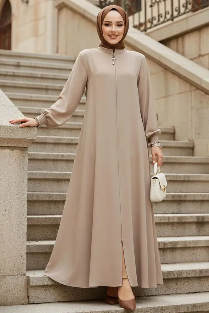 Fermuarlı Bej Tesettür Ferace 45287BEJ - 1