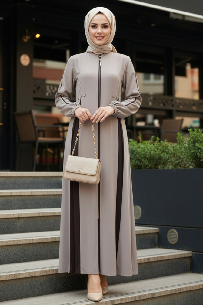 Fermuarlı Bej Tesettür Ferace 45288BEJ - N.S NEVA STYLE