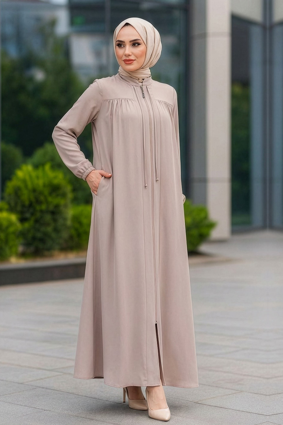 Fermuarlı Bej Tesettür Ferace 45290BEJ