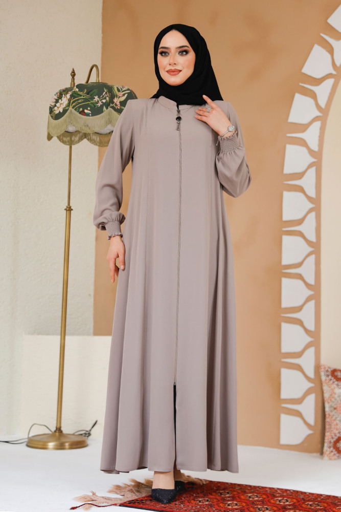 Fermuarlı Bej Tesettür Ferace 45294BEJ - 3