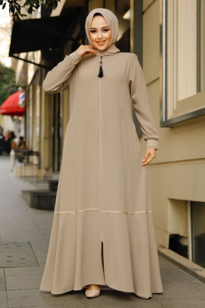 Fermuarlı Bej Tesettür Ferace 62101BEJ - 1