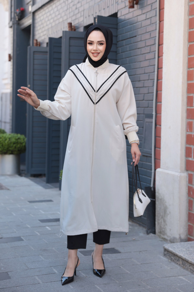 Fermuarlı Bej Tesettür Hırka 15201BEJ - 2