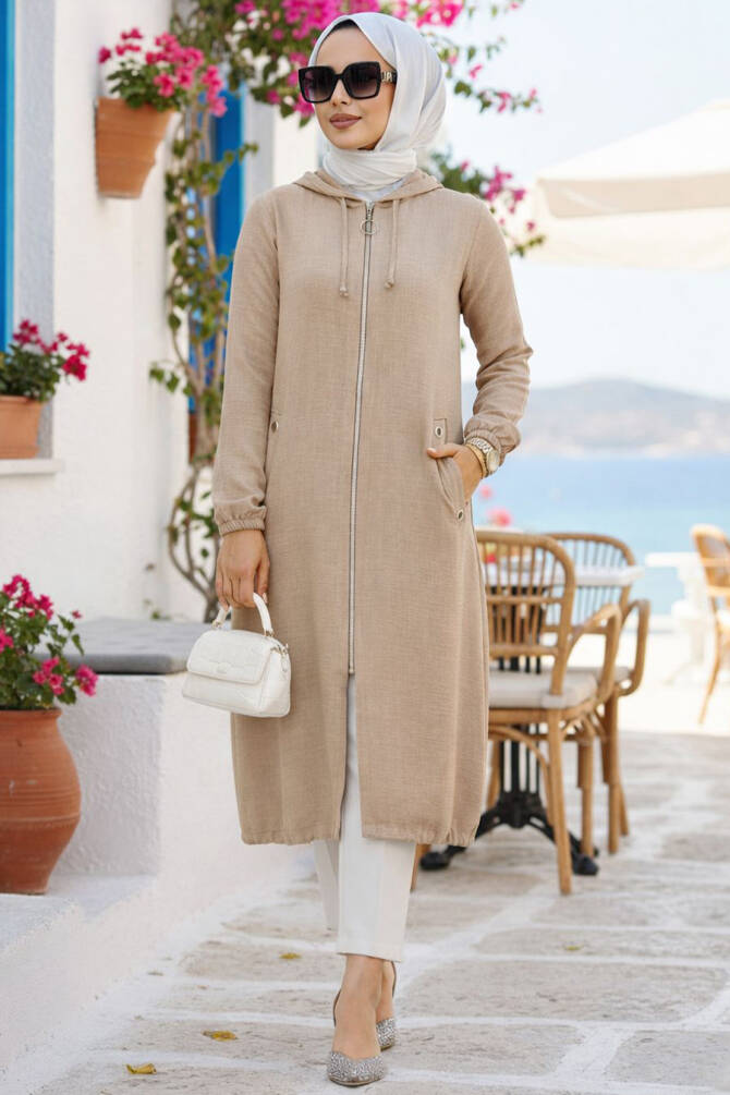 Fermuarlı Bej Tesettür Kap 70792BEJ - 1