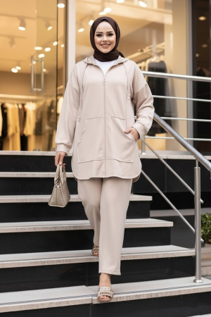 Fermuarlı Bej Tesettür Modal İkili Takım 17461BEJ 
