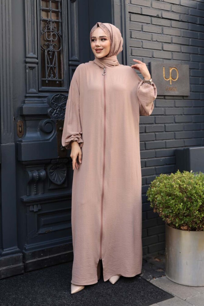 Fermuarlı Bej Tesettür Namaz Elbisesi 73271BEJ - N.S NEVA STYLE