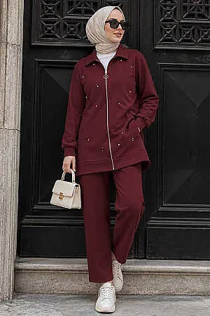 Fermuarlı Bordo Tesettür İkili Takım 12401BR 