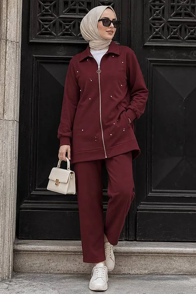 Fermuarlı Bordo Tesettür İkili Takım 12401BR - 1