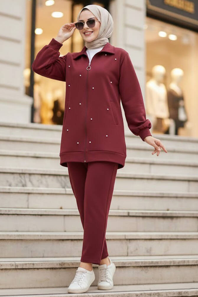 Fermuarlı Bordo Tesettür İkili Takım 12401BR - NEVA STYLE